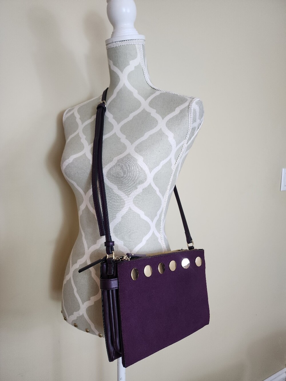 French Connection Purple Triple Zip Crossbody Bag Suede Studded Plum Handbag